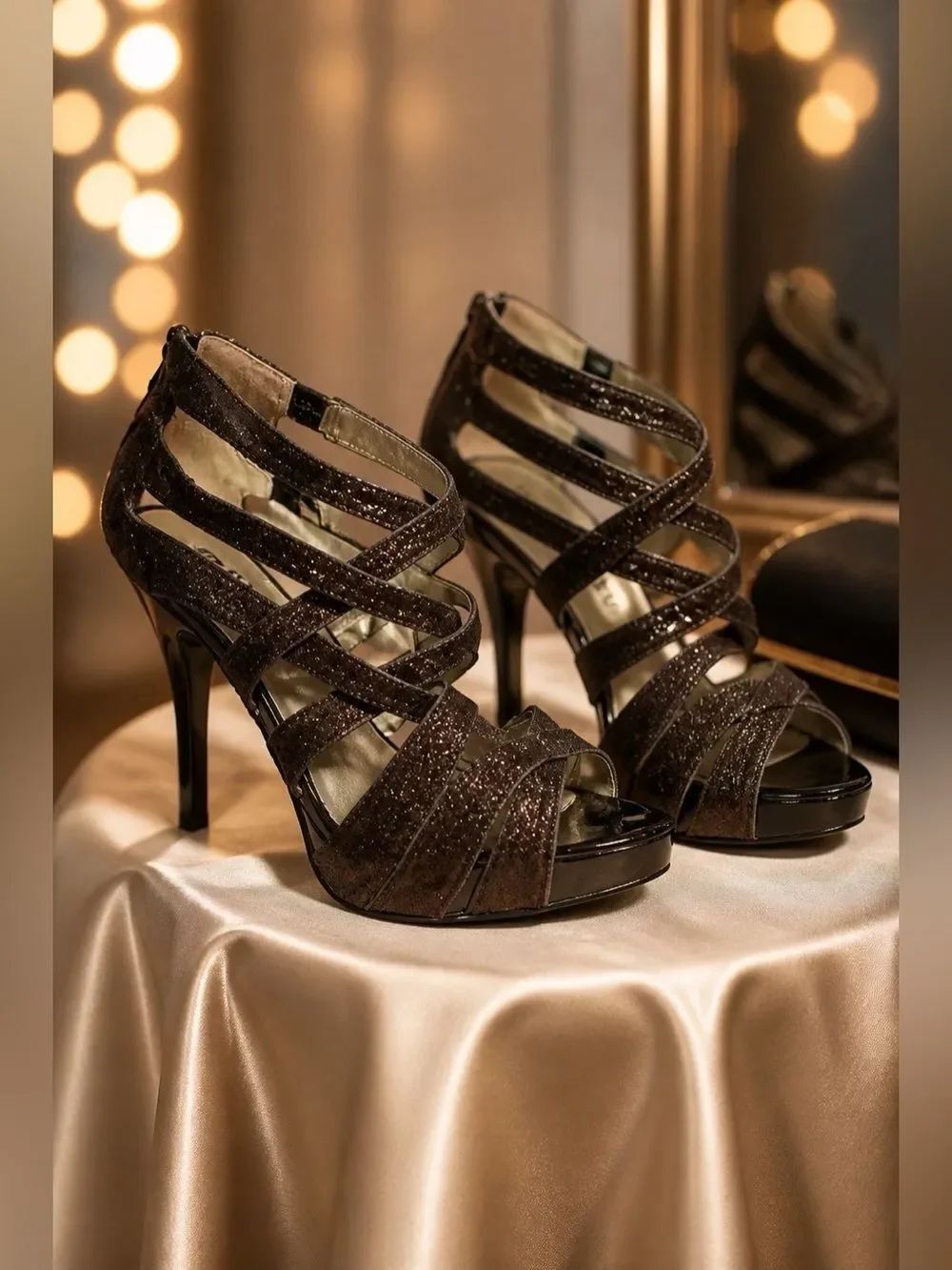GUESS PEWTER METALLIC HIGH HEEL SANDALS SIZE 8M